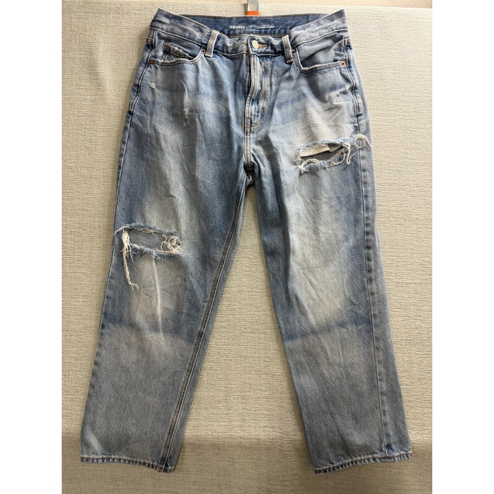 Old Navy Slouchy Straight Jeans Womens 8 Blue Denim Cotton High Rise Distressed